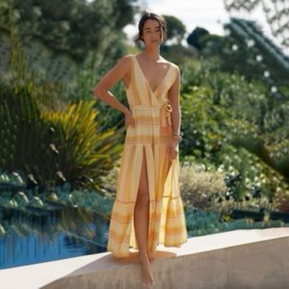 L*Space Clara Dress Coverup Maxi Cozumel Stripe Yellow Pink Sleeveless Size M